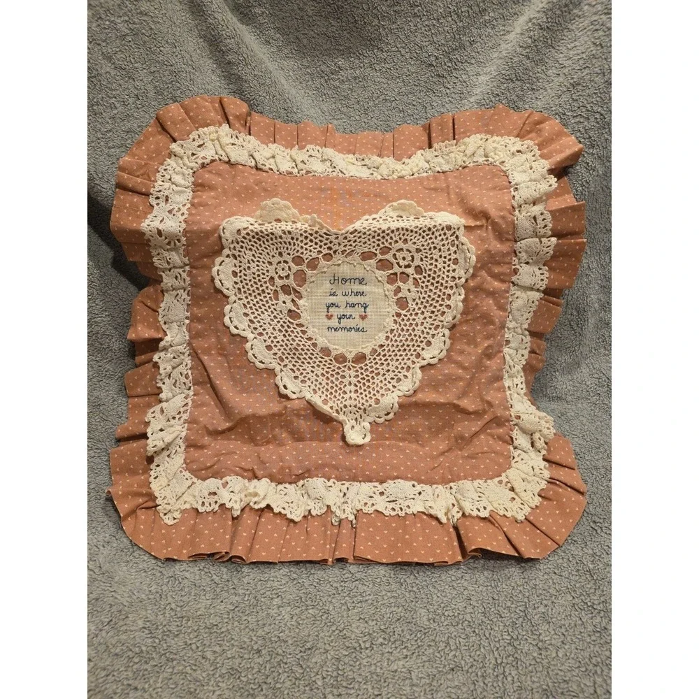 Square Pink Hearts Ruffled Pillow Case 16x16 Lace ‎ And Cross Stich Cottagecore